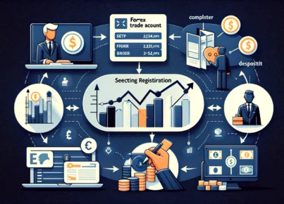 DALL·E 2024-06-03 18.37.27 - A detailed diagram of the steps to open a Forex trading account, including selecting a broker, completing registration, and depositing funds. The imag